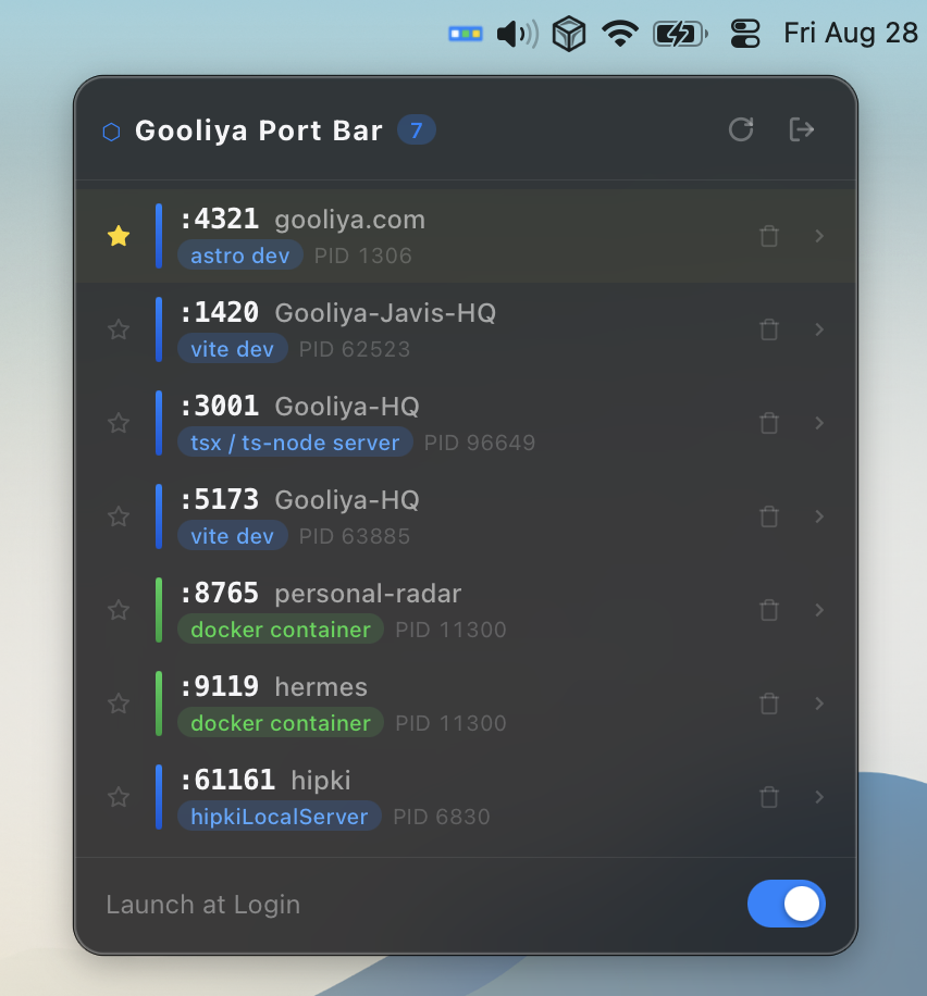 Gooliya Port Bar 選單列彈出視窗，顯示本機正在監聽的 Port 清單